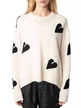 ZADIG & VOLTAIRE Beautiful Cashmere Hearts Crewneck Slouchy Sweater M NWT $548!!